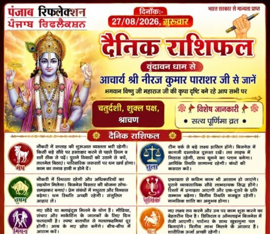वृंदावन धाम से आचार्य श्री नीरज कुमार पाराशर जी से जाने 27 अगस्त 2026 दिन गुरुवार का अपना दैनिक राशिफल