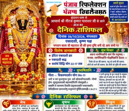 वृंदावन धाम से आचार्य श्री नीरज कुमार पाराशर जी से जाने 06 अक्टूबर 2026 दिन मंगलवार का अपना दैनिक राशिफल
